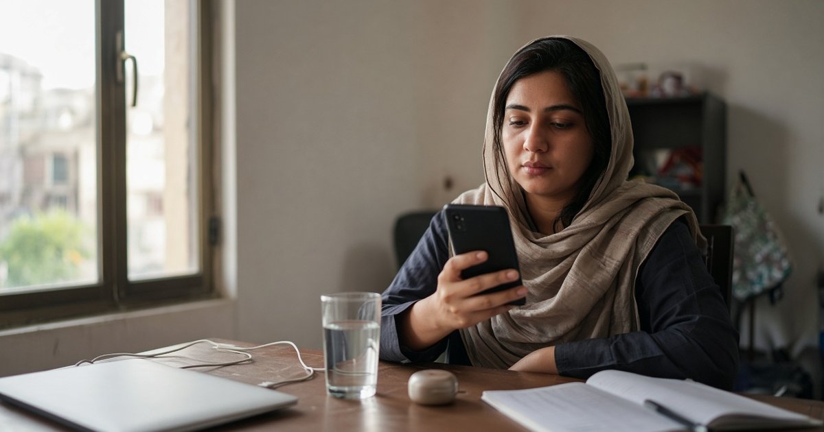 A person in Pakistan using a phone and a laptop to open Zinsta