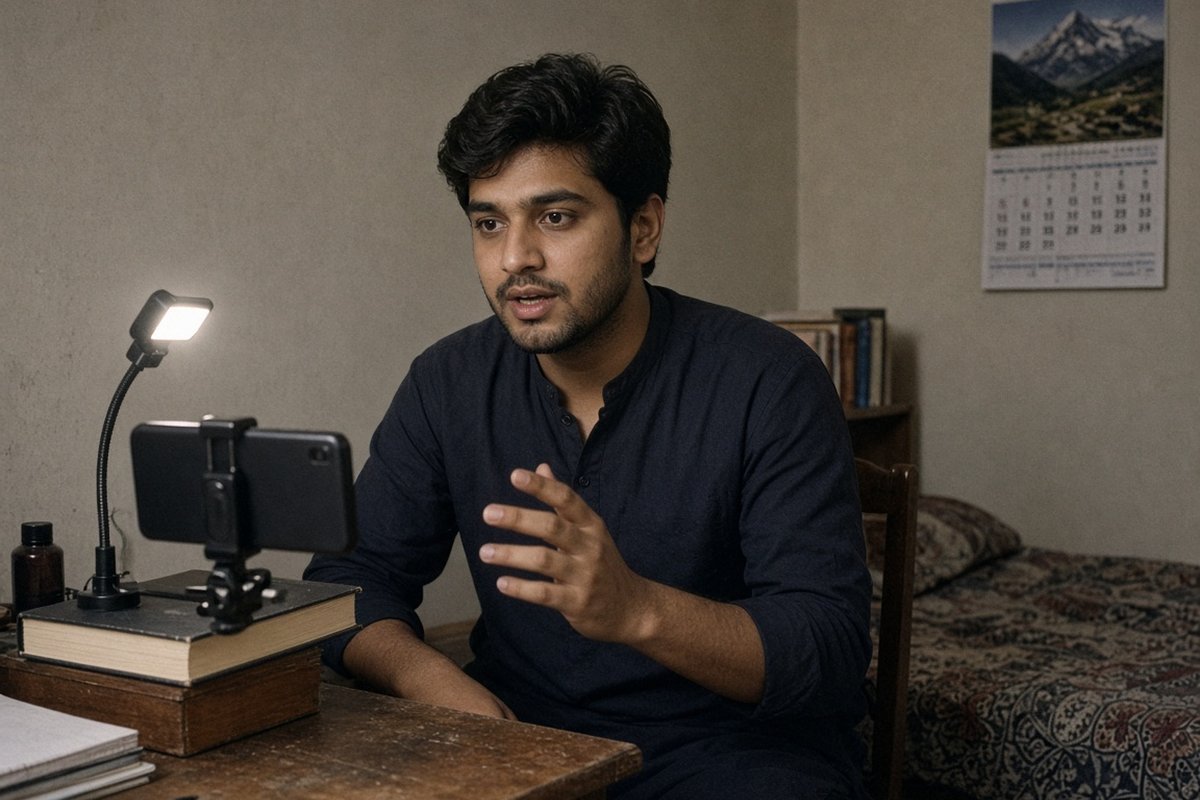 A creator in Pakistan recording a short video on a phone at a home desk