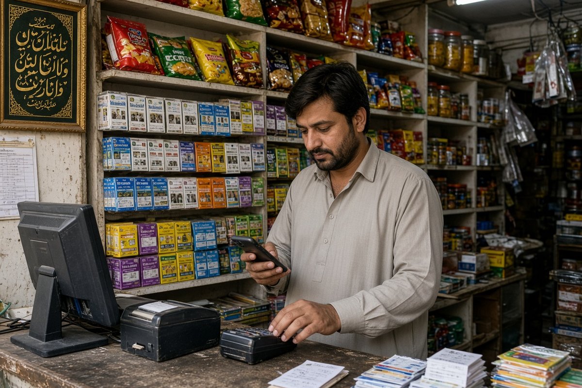 A mobile shop in Pakistan where people top up phones and wallets
