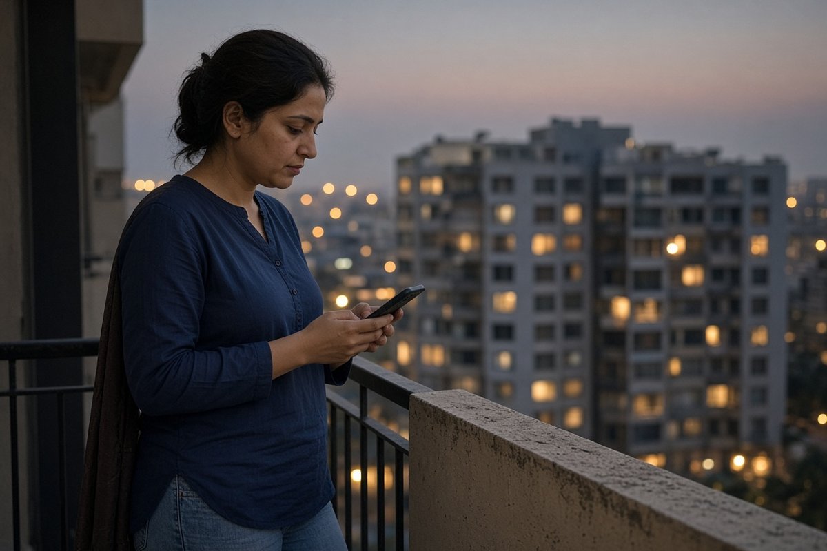 A person using a phone on a Karachi balcony in the evening