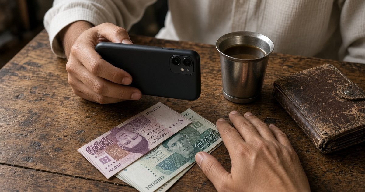 Pakistani rupee notes and a phone on a table, for a rupee wallet